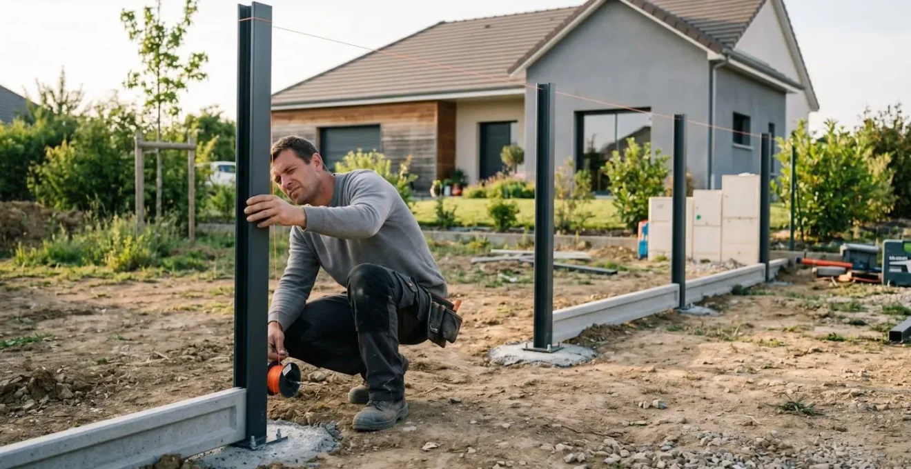 Chantier de pose de clôture avec grillage rigide et plaques de soubassement béton, technicien vérifiant l'alignement des poteaux au cordeau sur terrain résidentiel