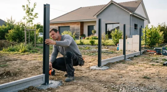 Chantier de pose de clôture avec grillage rigide et plaques de soubassement béton, technicien vérifiant l'alignement des poteaux au cordeau sur terrain résidentiel