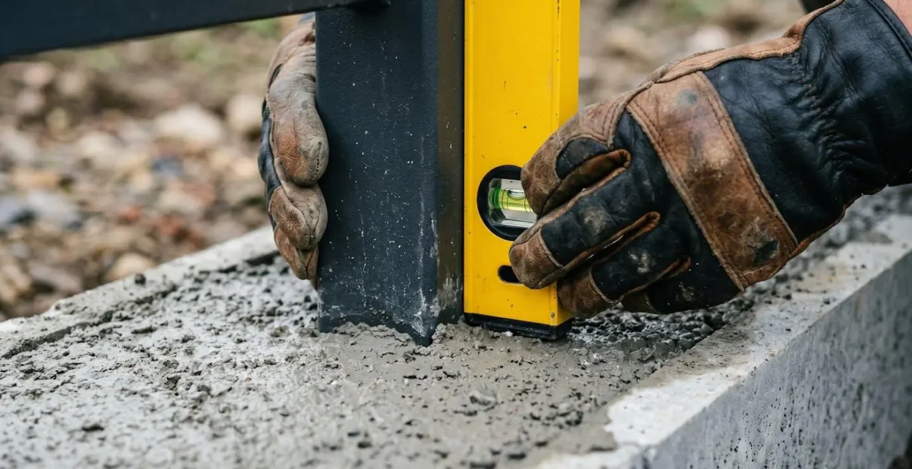 Gros plan sur le contrôle de verticalité d'un poteau de clôture avec niveau à bulle, poteau enfoncé dans béton frais lors du scellement