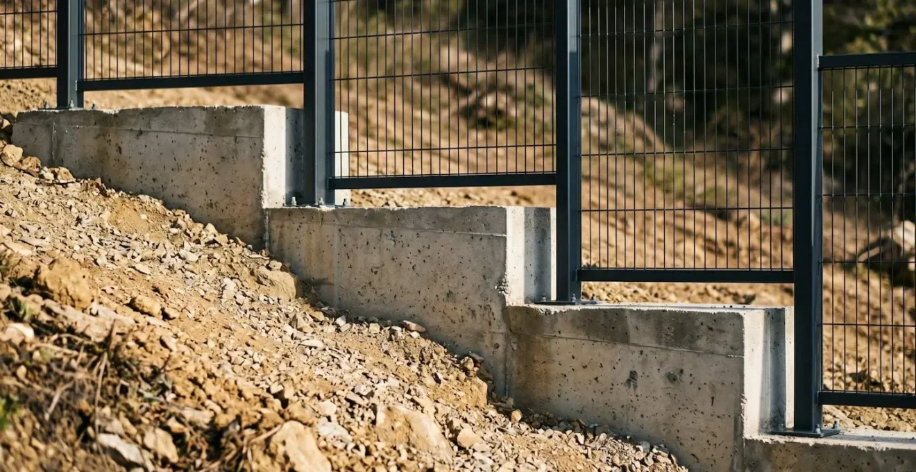 Section de clôture avec plaques de soubassement béton de hauteurs différentes formant gradins pour s'adapter à un terrain en pente, poteaux verticaux et panneaux horizontaux