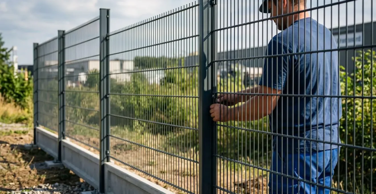 Technicien installant un panneau de grillage rigide dans les encoches d'un poteau, plaques de soubassement béton visibles à la base de la clôture